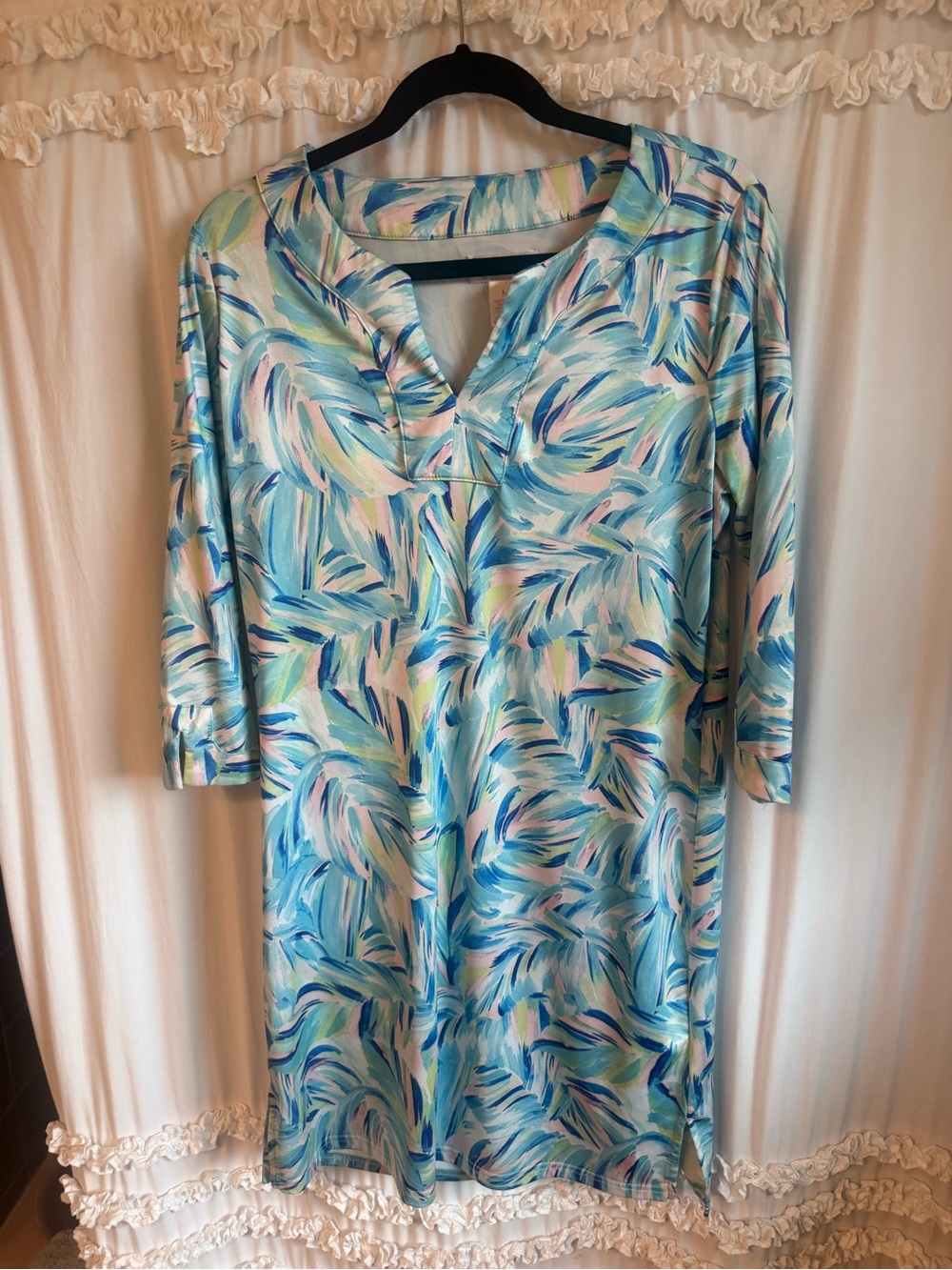 Lightweight Brushstroke Print Tunic Dress - Pastel Blues & Pink